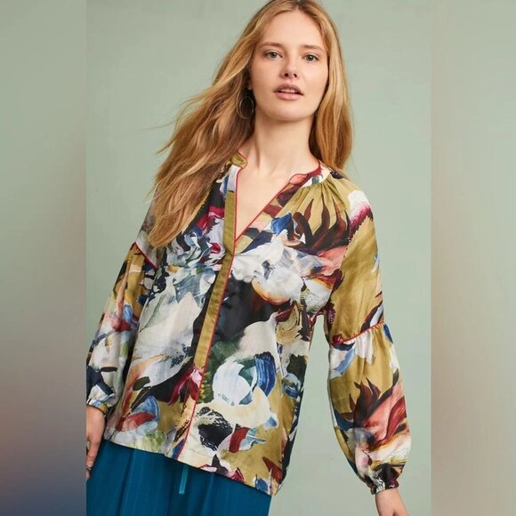 Anthropologie Vineet Bahl Sunbound Silk Blouse Size M summer beach - Picture 2 of 13